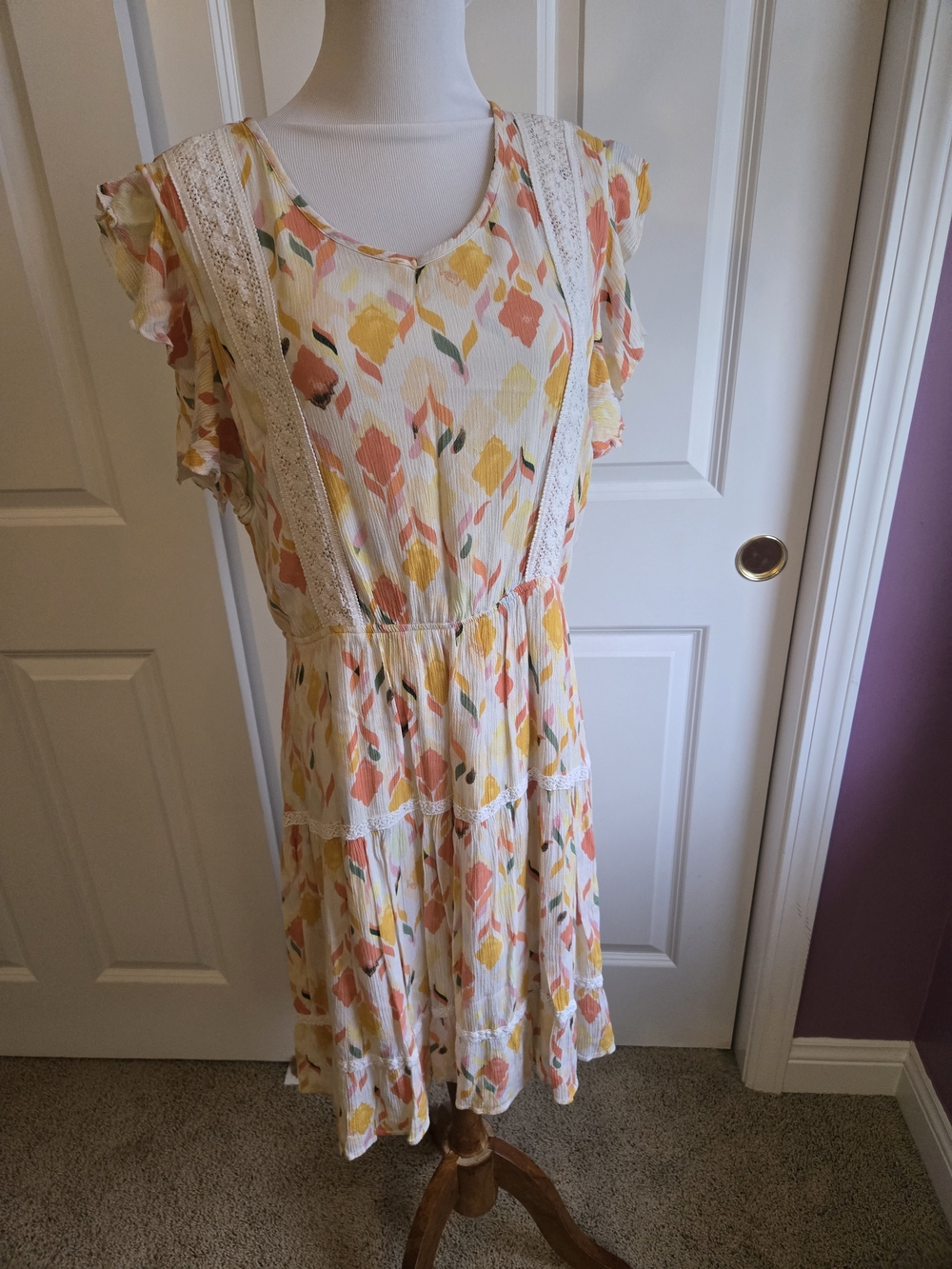 LC Lauren Conrad Cream Midi Dress with Yellow & Peach Floral Print